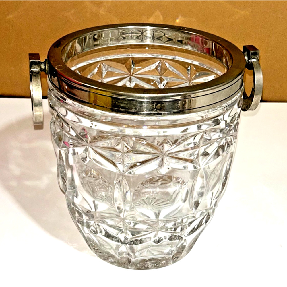 French Silver Plated Cut Glass Champagne Ice Bucket Hoop Handles Vintage EL